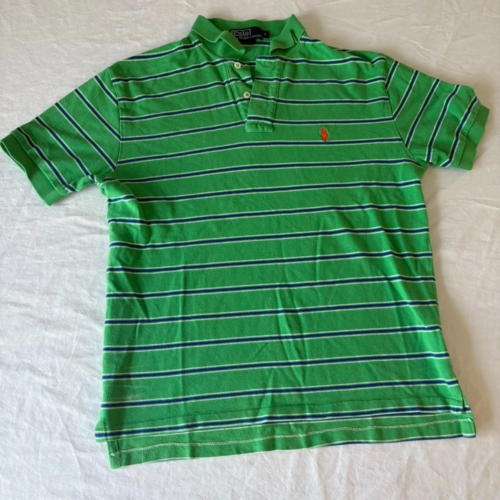 Polo Ralph Lauren Mens Green Striped Embroidered Pony Logo Polo Shirt Size S‎
